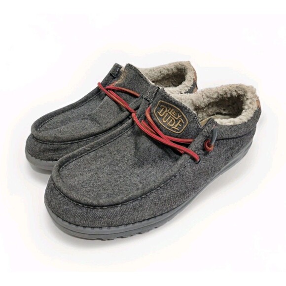Hey Dude Wally Black Shell Shearling Lined Canvas Slip On Shoes Gray Mens Size 8 - Picture 1 of 10